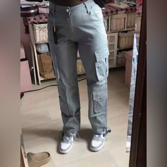 NWT Grey cargo pants wide leg with side pockets XS S M L - Picture 1 of 14